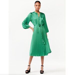 Scoop Women's Blouson Sleeve Belted Waist Pleated Midi Dress